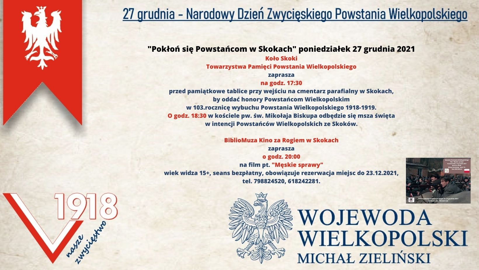 Informacja o obchodach Narodowego Dnia Zwycięskiego Powstania Wielkopolskiego 27 grudnia.