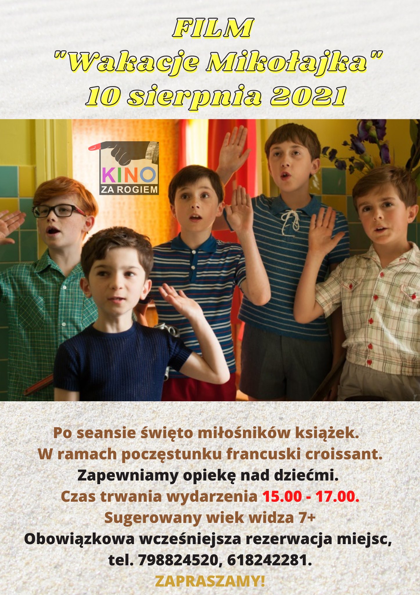 Pięciu chłopców machający rękami. Powyżej tekst: film Wakacje Mikołajka, 10 sierpnia 2021.