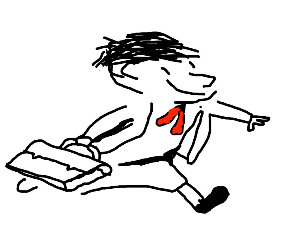 Czarno-biała grafika biegnącego chłopca trzymającego w ręce teczkę. Na szyi ma zawiązany czerwony krawat.
