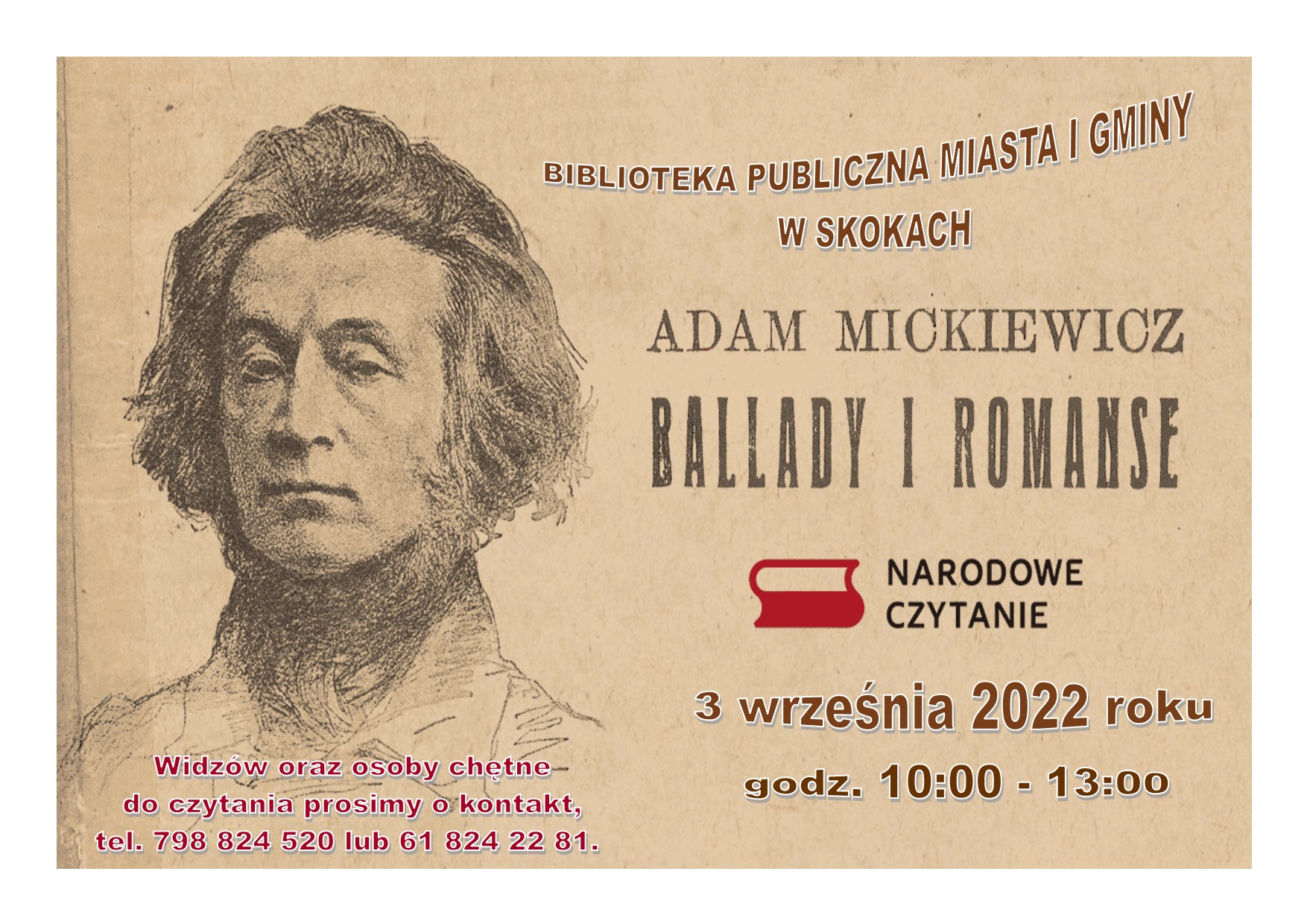 Czarno-biały portret mężczyzny. Obok napis: Adam Mickiewicz ballady i romanse.